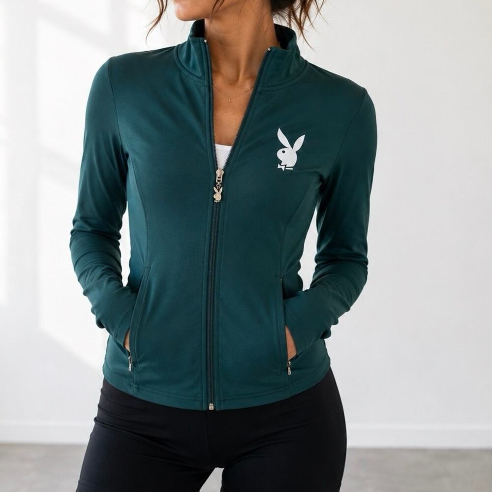 Official Playboy Merch Teal Green S Full Zip Bunny Pull Mock Neck Track Jacket